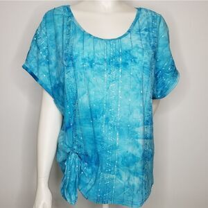 Chances‎ R Womens Tunic Style Top w/ built in Hip Tie Teal WhiteTie Dye P…
